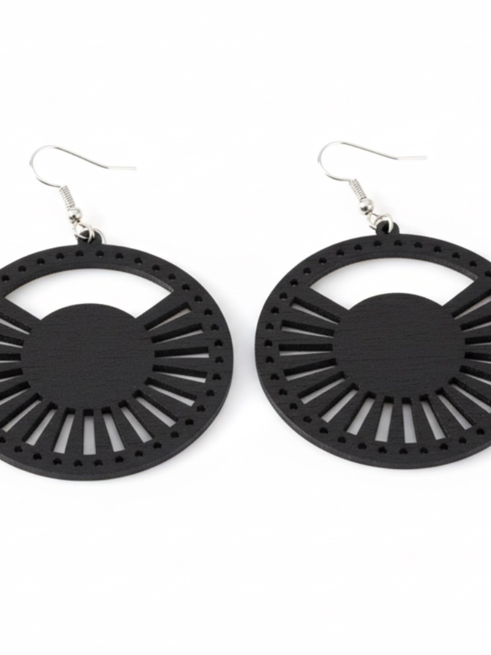 Womens Round Wood Dangle Drop Black Earrings